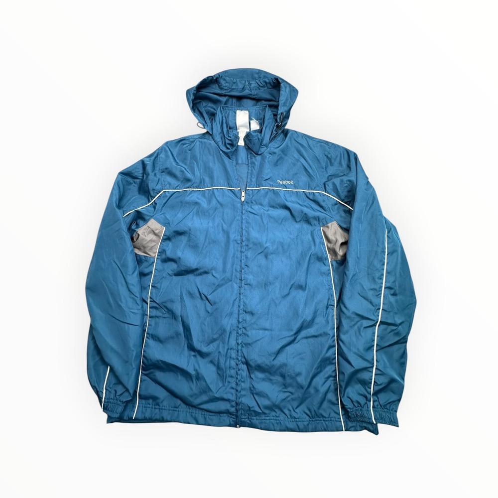 Reebok Windbreaker‎ Jacket Mens L Blue Full Zip Hooded Mesh Lined Sporty Piping